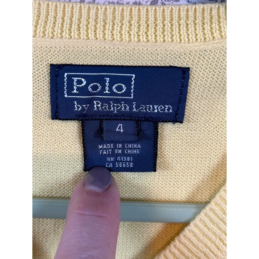 Polo Ralph Lauren Kids Yellow V-Neck Cotton Knit Sweater‎ Size 4 Blue Pony Logo